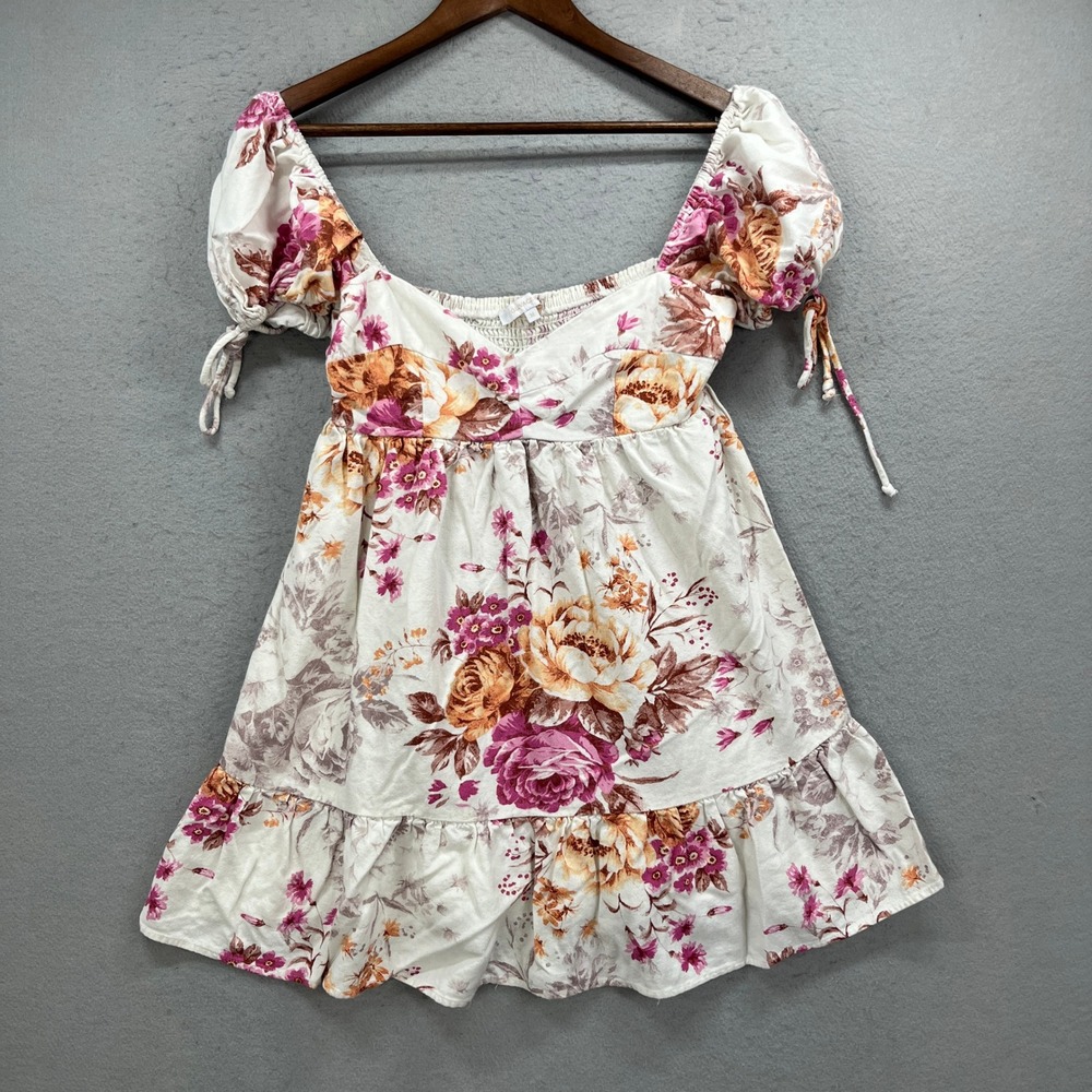 Olivaceous Mini Dress Womens M White Floral Smock Linen Puff Sleeve Cottagecore